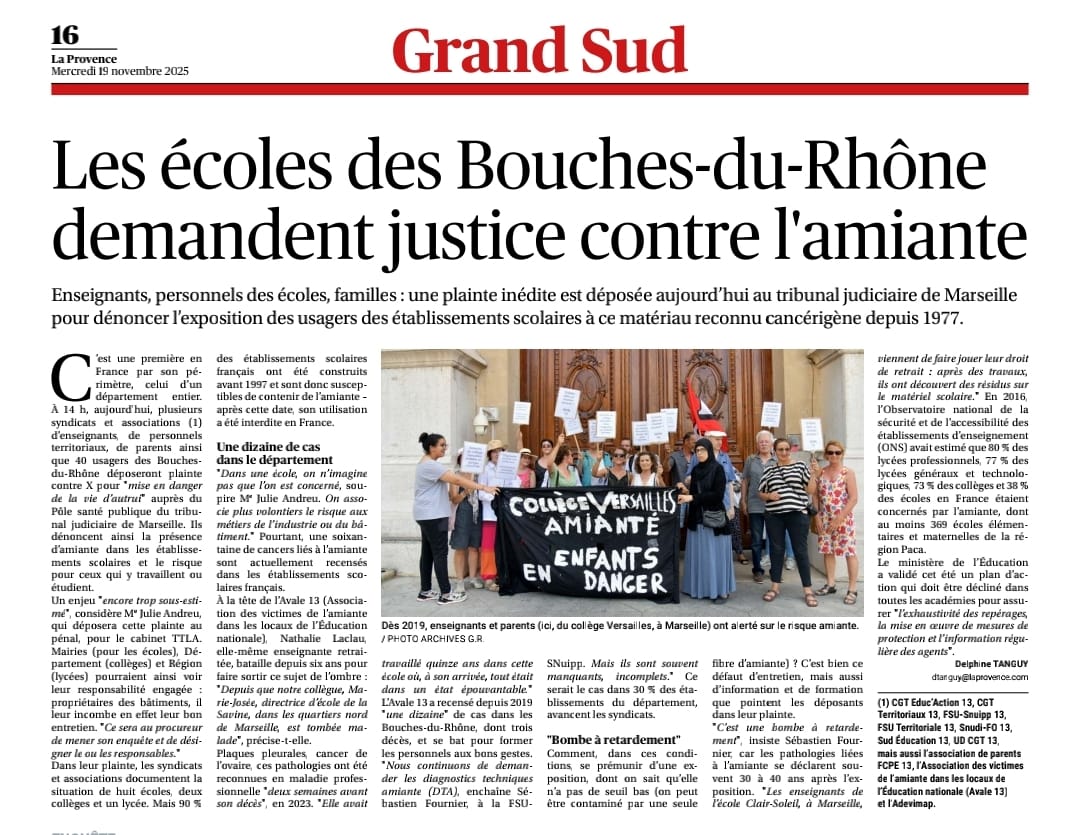 Les écoles des Bouches-du-Rhône demandent justice contre l’amiante